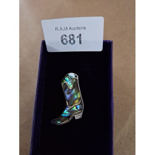 681 - Boxed Cowboy Boot Brooch With an Abolone Inlay