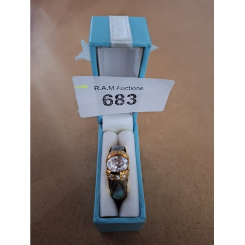 683 - Gold Plated 925 Silver CZ Ring With Abalone Inlay