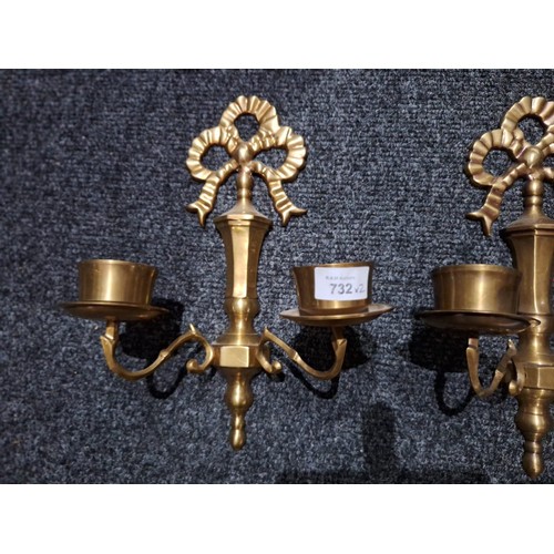 732 - Pair of Vintage Heavy Brass Wall Candlesticks