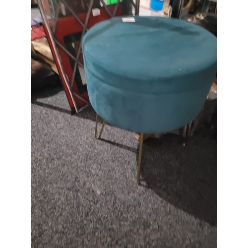 858 - Retro Metal and Wood Storage Stool In Good Condition Gold Metal Legs and a Teal Velvet Top