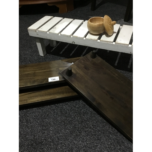 148 - Set of 3 Wooden Display Shelves With Feet, Wooden Shoe Bench and  a Vintage Round Wooden Trinket Box