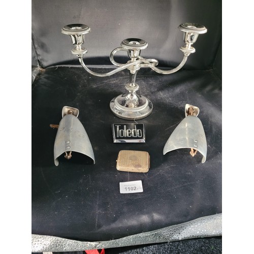 1102 - Metalwork x4 To Include 3 Branch Candelabra, Vintage Shoestays, Toledo Car Badge and an EPNS Match C... 