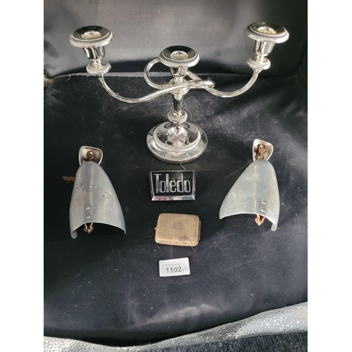 1102 - Metalwork x4 To Include 3 Branch Candelabra, Vintage Shoestays, Toledo Car Badge and an EPNS Match C... 