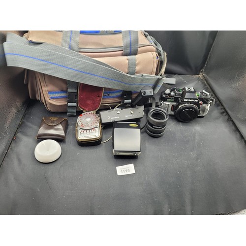 1119 - Olympus Cased Complete OM40 Camera, Sangamo Western Light Meter Converter, Olympus Flash, Olympus Wi... 