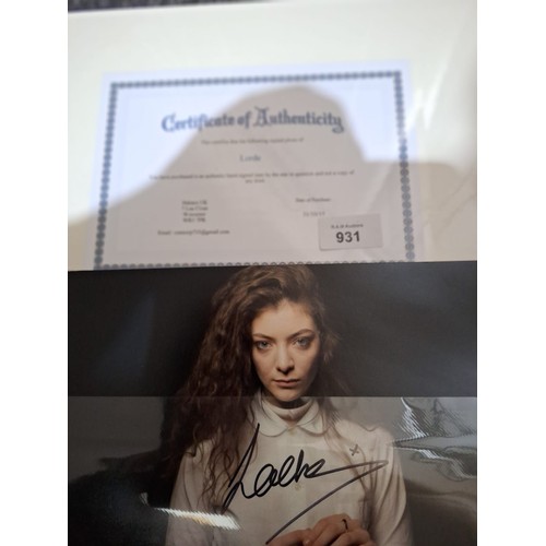 931 - Hand Signed Picture of The Singer Lourde With Certificate of Authenticity