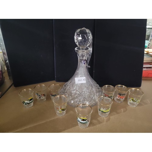 893 - Edinburgh Crystal Large Ships Decanter and 4 Vintage Car Shot Glasses