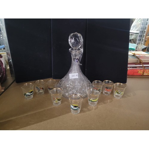 893 - Edinburgh Crystal Large Ships Decanter and 4 Vintage Car Shot Glasses