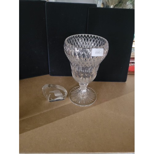 890 - Hand Cut Crystal Footed Vase and A Crystal Kingfisher Paperweight