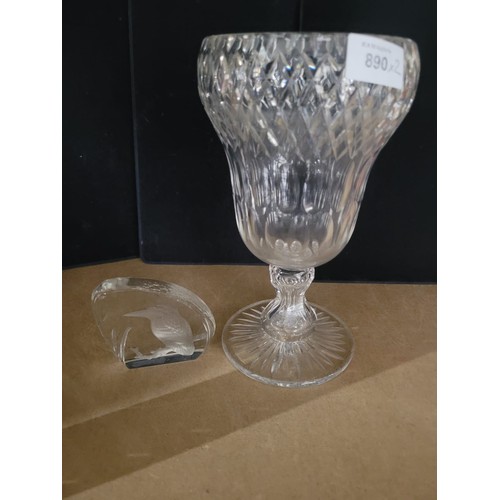 890 - Hand Cut Crystal Footed Vase and A Crystal Kingfisher Paperweight