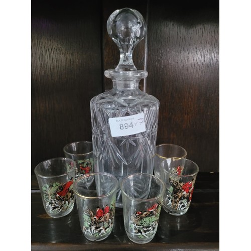 894 - Vintage Decanter and 6 Vintage Hunt Glasses