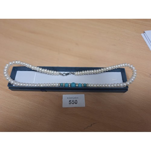 550 - Boxed Genuine Pearl Necklace Real Pearls with Turquoise Stones and Other Stones