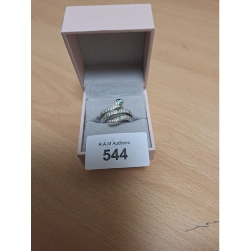 544 - Boxed 925 Silver Snake Ring with Green Stoned Eyes