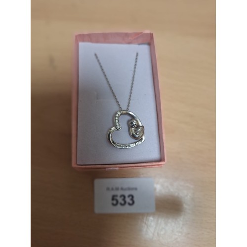 533 - Boxed 925 Silver Stoned Large Heart On a Chain “Keep Me In Your Heart ” Logo With a Baby Sat in The ... 