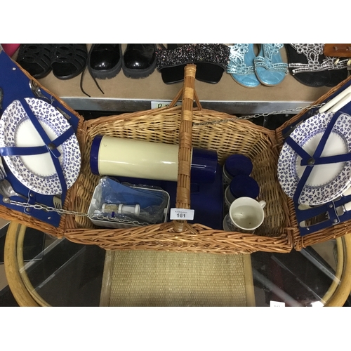 161 - Picnic Whicker Hamper Basket With Ceramic Plates, Mugs, Cutlery, Sandwich Boxes, Flask and Salt & Pe... 