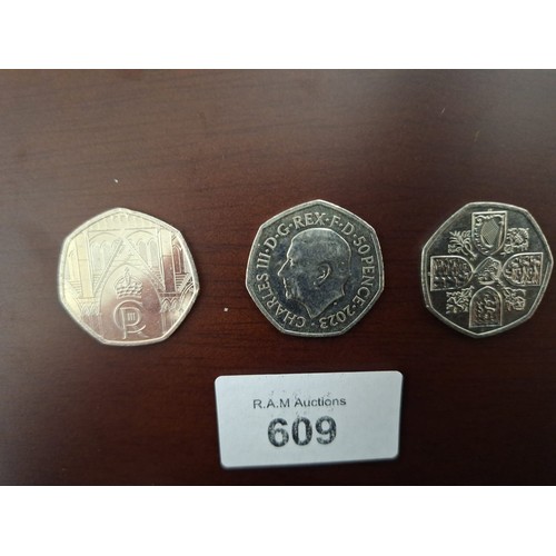 609 - King Charles 50p Coins x3