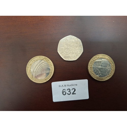 632 - Collectable £2 Coins x2 and a Collectable 50p Coin