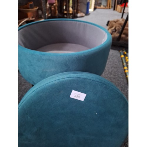 858 - Retro Metal and Wood Storage Stool In Good Condition Gold Metal Legs and a Teal Velvet Top