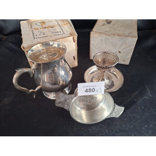 480 - EPNS Ware x3 To Include Tankard Candlestick and a Wee Dram Cup