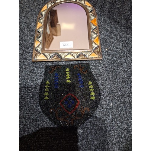 963 - Arts and Crafts Mirror With Stones/Shells and a Vintage Bead Bag