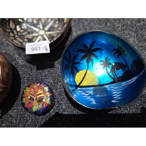 961 - Tribal Decorated Coconut Shells x3 Hamd Painted To Include Mother Of Pearl, Abalone and Shell