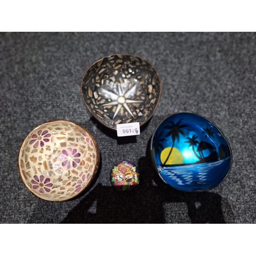 961 - Tribal Decorated Coconut Shells x3 Hamd Painted To Include Mother Of Pearl, Abalone and Shell