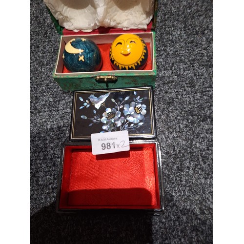 981 - Boxed Chinese Stress Balls In Papier Mache Box and a Chinese Inlaid Mother Of Pearl Box