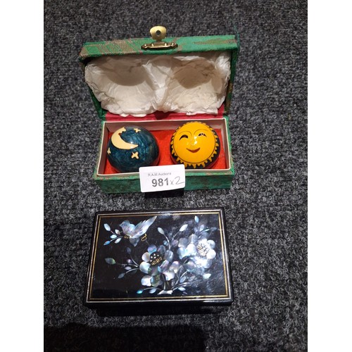 981 - Boxed Chinese Stress Balls In Papier Mache Box and a Chinese Inlaid Mother Of Pearl Box