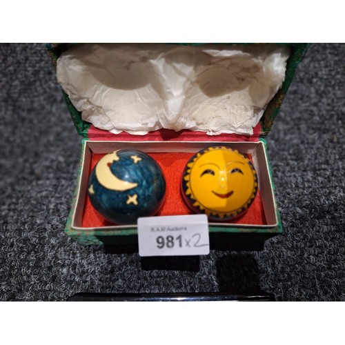 981 - Boxed Chinese Stress Balls In Papier Mache Box and a Chinese Inlaid Mother Of Pearl Box