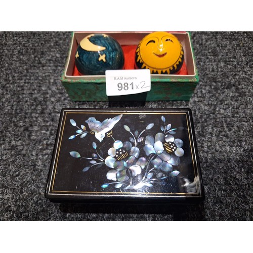 981 - Boxed Chinese Stress Balls In Papier Mache Box and a Chinese Inlaid Mother Of Pearl Box