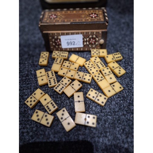 992 - Vintage/Antique Bone Dominoes With an Ebony and Mother of Pearl Box and an Indian Elephant Box