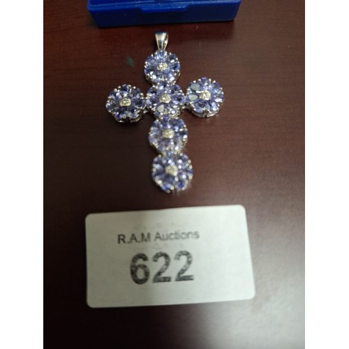 622 - Genuine Tanzanite and 925 Silver Cross 42 Tanzanites and Possible Diamonds