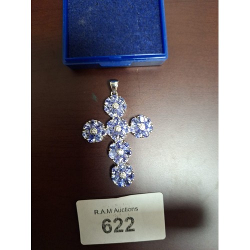 622 - Genuine Tanzanite and 925 Silver Cross 42 Tanzanites and Possible Diamonds