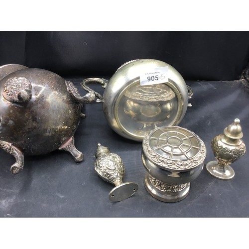 905 - EPNS Silver x5 To Include Coffee Pot, 2 Handled Vase, Cruet Set and Rose Bowl