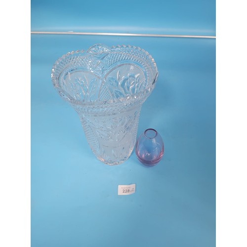 228 - Heavy 12” Crystal Frosted/Clear Vase and a Small Blue Bud Vase