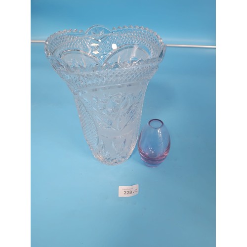 228 - Heavy 12” Crystal Frosted/Clear Vase and a Small Blue Bud Vase