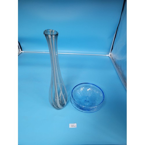 225 - Blue Bubble Pattern Bowl 10” and a Large 18” Bud Vase In Clear, Grey and Blue