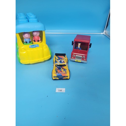 330 - Rare Postman Pat In His Van Toy, Peppa Pig Storage Box With Figures and a Racing Car