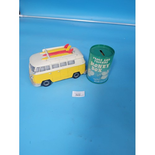 343 - Ceramic VW Camper Van Moneybox and a Frog and Friends Moneybox Tin