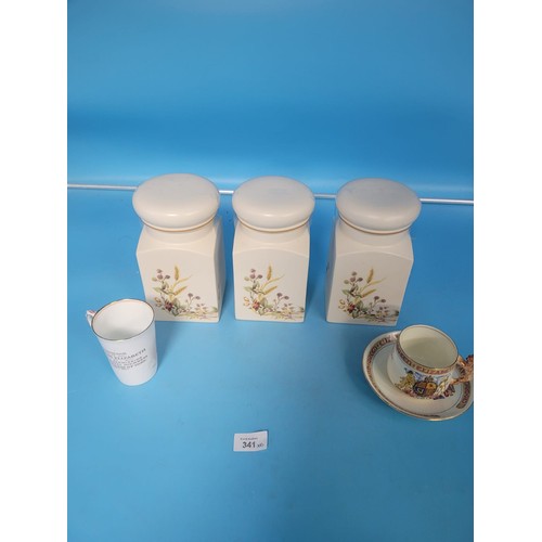 341 - Storage Jars x3 Harvest By St Michael and a Vintage Commemorative Cup, Saucer and Mug