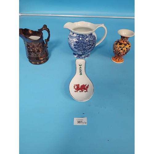 307 - Antique Lustre Jug, Woods and Son's West Morland Jug and a Welsh Spoon and a Portuguese Vase