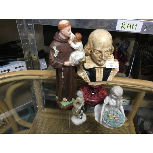 51 - Vintage Gentleman Figure, Sitting Girl Figurine, St Anthony Of Padua Statue and a Shakespeare Bust