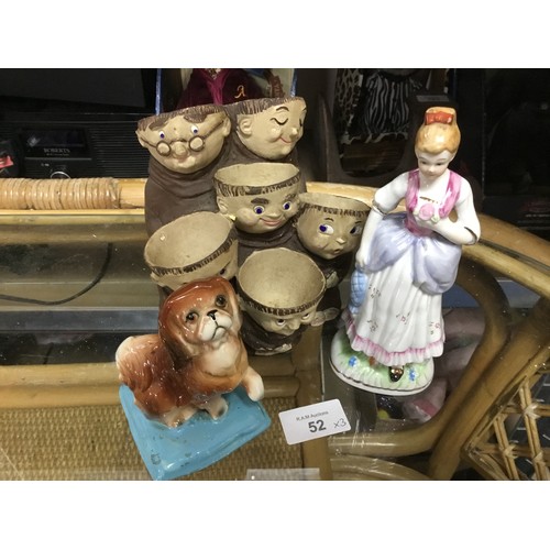 52 - Ceramic Lot x3 To Include Monk Novelty Egg Holder, Dog and a Lady Figurine