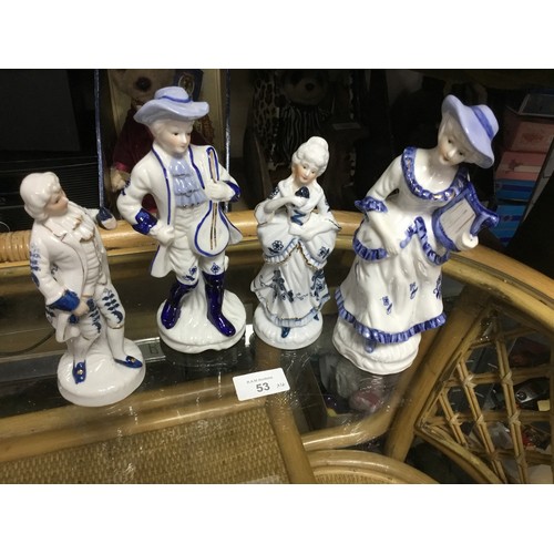 53 - Vintage Blue and White Figurines x4 To Include Lady With a Harp, Man With a Mandolin and 2 Others