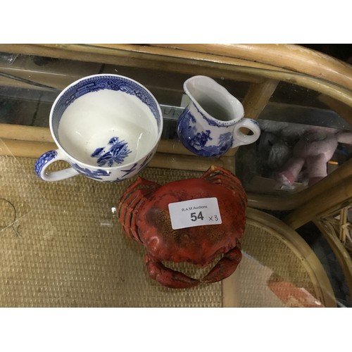 54 - Willow Wedgewood Blue and White Cup, Masons Blue and White Jug and a Crab Pot Marked To The Base