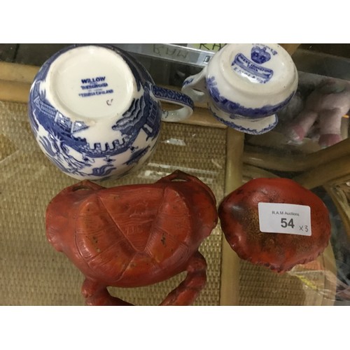 54 - Willow Wedgewood Blue and White Cup, Masons Blue and White Jug and a Crab Pot Marked To The Base