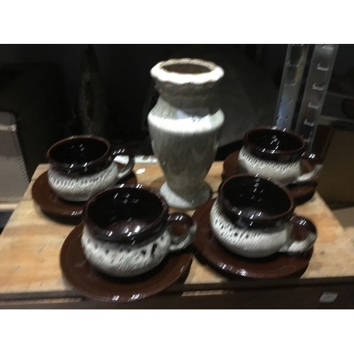 5 - Pottery Cups and Saucers and a Vase