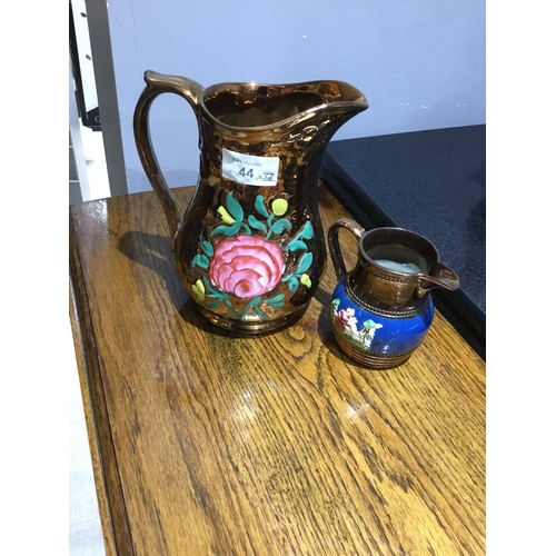 44 - Antique Victorian Copper Lustre Ware Jugs with Hand Painted Design  x2 very rare