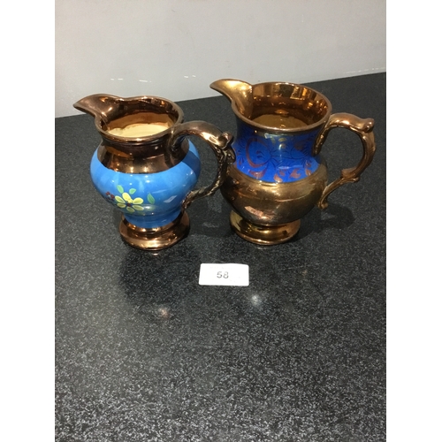 58 - Vintage Copper and Blue Lustre Ware Metallic Glaze Pitcher Jug x 2