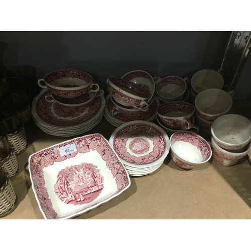 68 - Red/Pink Masons Vista/Ironstone to Include 5 Soup Bowls, 11 Cups, 6 Saucers, 6 Soup Plates & Dish