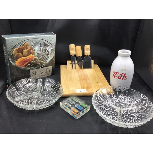 77 - Selection of Kitchen Items to Include Ceramic Milk Bottle, Cheeseboard, Glass Timer and 2 Glass Nibb... 